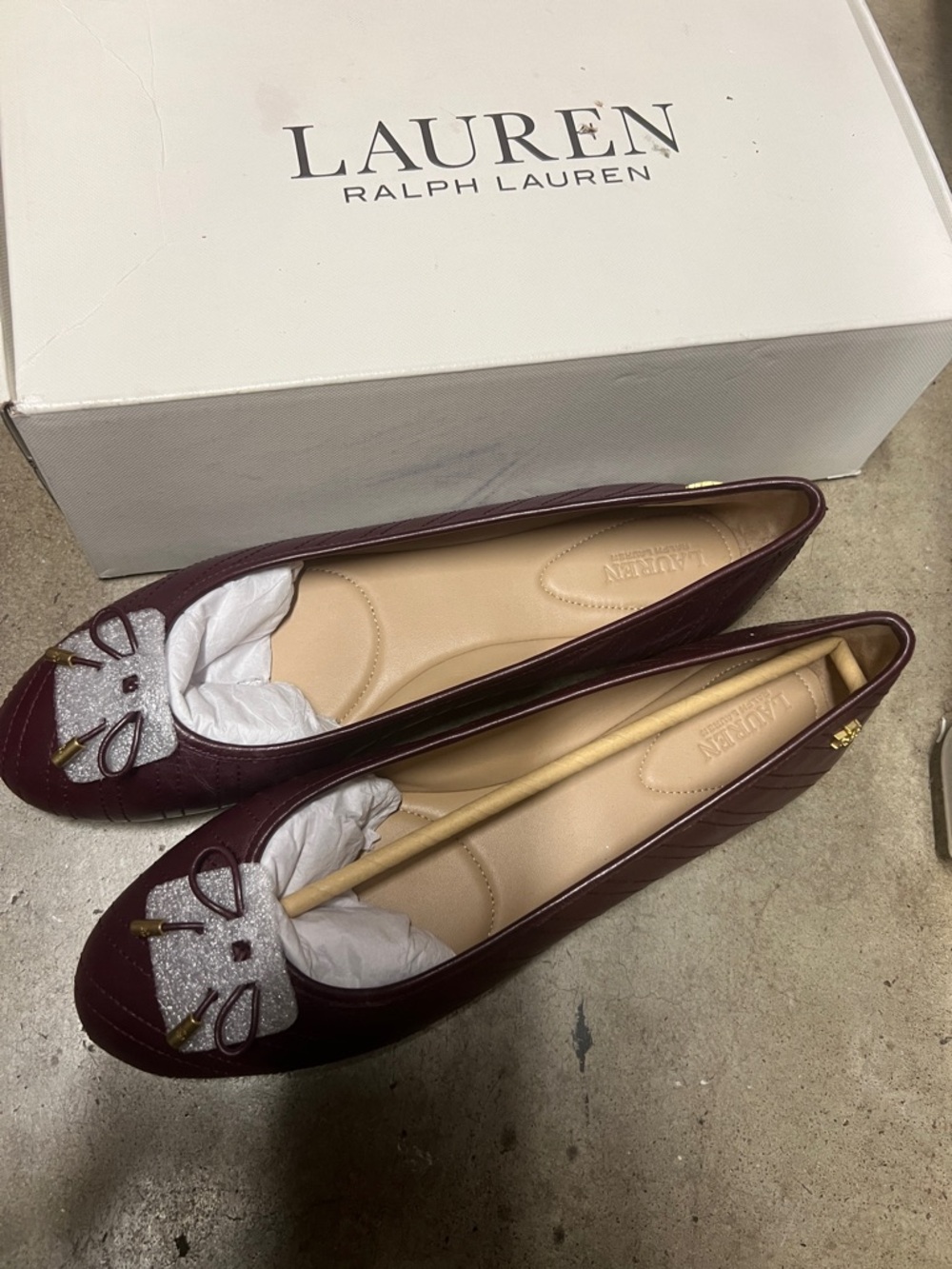 Lauren Ralph Lauren Burgundy Quilted Flats with Cat Appliqué